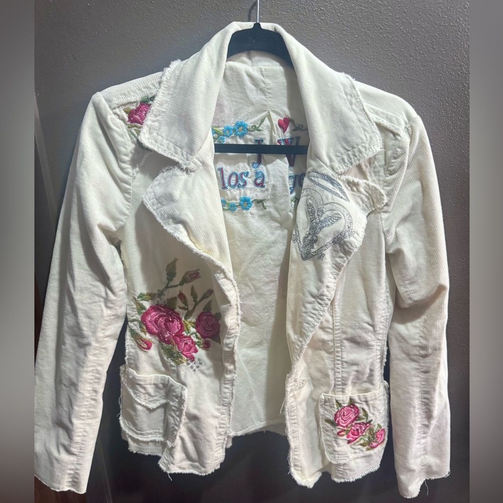 JW Johnny Was Los Angeles Embroidered Ivory Cordouroy Jacket with Floral Accents